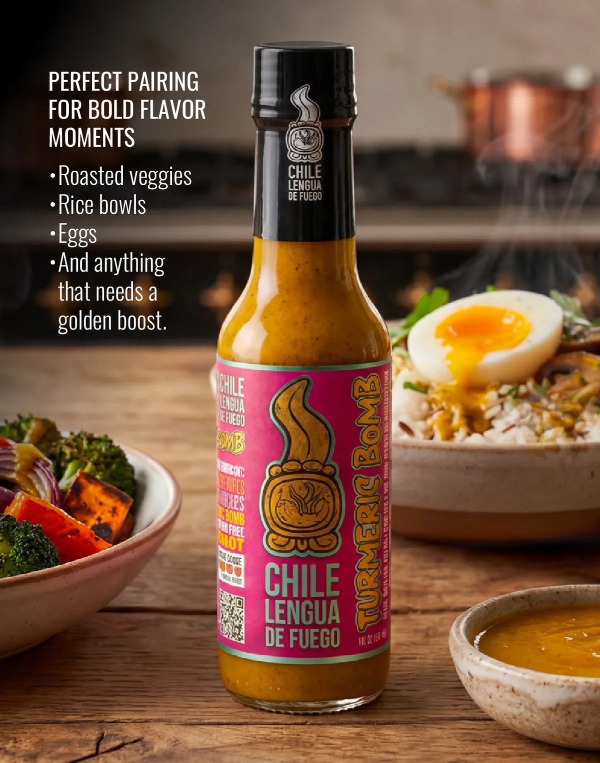 Turmeric Bomb served with a dish it pairs with